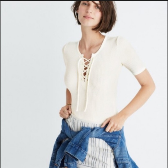 Madewell Tops - Madewell Lace-Up Ribbed Ivory Bodysuit One Piece